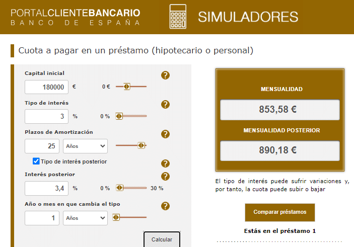 Ejemplo de cálculo hipotecario con el simulador del Banco de España.