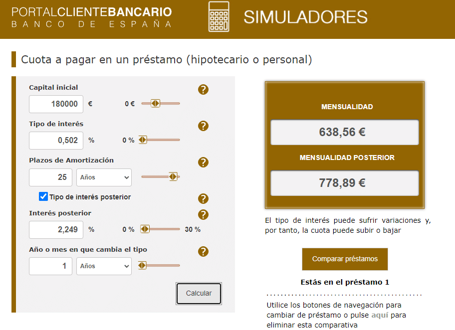 Resultado del simulador hipotecario del Banco de España