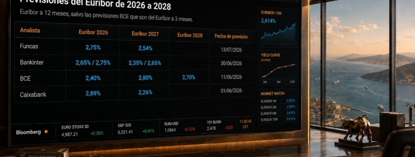 Euribor 2026, 2027 y 2028 (previsiones actualizadas a agosto de 2026).